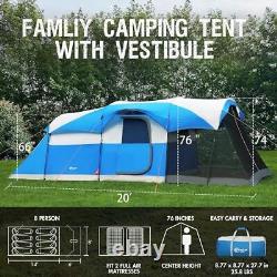 8 Person Family Camping Tent with Screem Room, Water Resistant Cabin Tent Blue