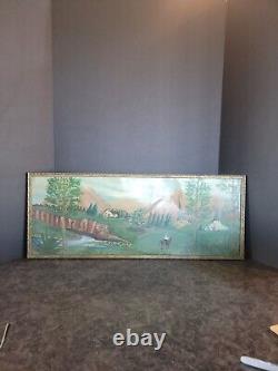 Antique Folk Art Painting Country house horse man tent camp Unknown Artist
