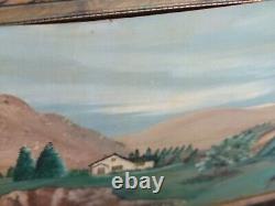 Antique Folk Art Painting Country house horse man tent camp Unknown Artist