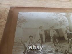 Antique Mounted Photo Men in Rustic Camp Gold Rush Tent Cooking 7x9 inch