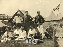 Antique Photo US Military Camp Soldiers Tents Flag Pit Bull Dog Shaving Food WWI