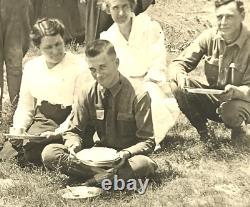 Antique Photo US Military Camp Soldiers Tents Flag Pit Bull Dog Shaving Food WWI