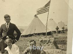 Antique Photo US Military Camp Soldiers Tents Flag Pit Bull Dog Shaving Food WWI