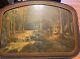 Antique Wooden Framed Painting Of Man Tent Camping By The River Cardboard Back