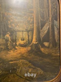 Antique Wooden Framed Painting Of Man Tent Camping By The River Cardboard Back
