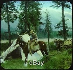 BANFF CANADA CAMPING PARTY MAN With CAMERA TENT/TREES HAND-COLORED PHOTO ON GLASS