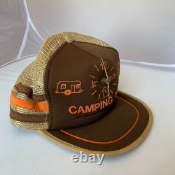 Vintage 3 Stripe Foam Trucker Snapback Hat USA 80s Camping Time Clock Tent Brown