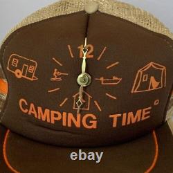 Vintage 3 Stripe Foam Trucker Snapback Hat USA 80s Camping Time Clock Tent Brown