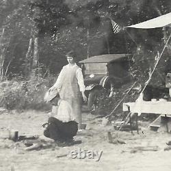 Vintage photograph Fishing Camping Men Creel Model T Tent Boat framed campfire